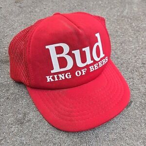 Vintage Budweiser King of Beers Red Trucker Hat Snapback Mesh Cap Made in Korea